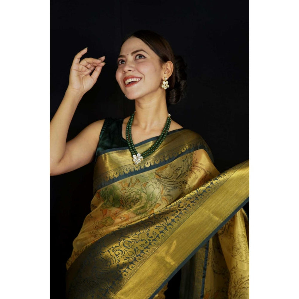 Isadora Life Womens Woven Zari Gold Pre-Draped Saree with Unstitched Blouse