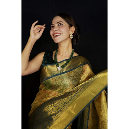 Isadora Life Womens Woven Zari Gold Pre-Draped Saree with Unstitched Blouse