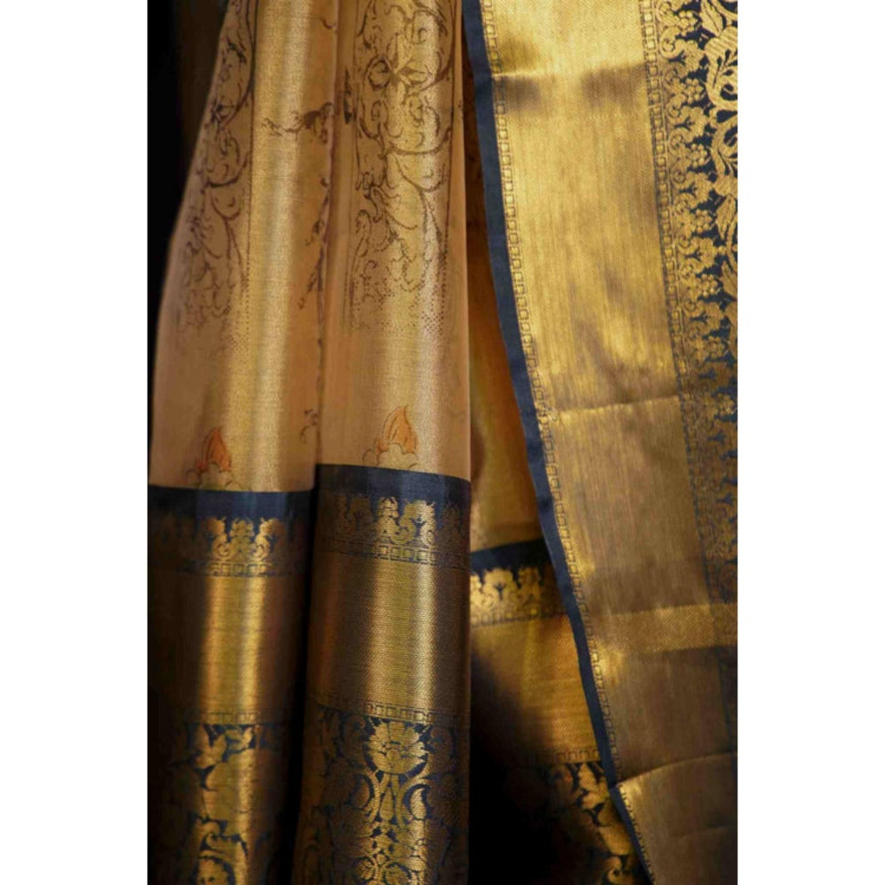 Isadora Life Womens Woven Zari Gold Pre-Draped Saree with Unstitched Blouse