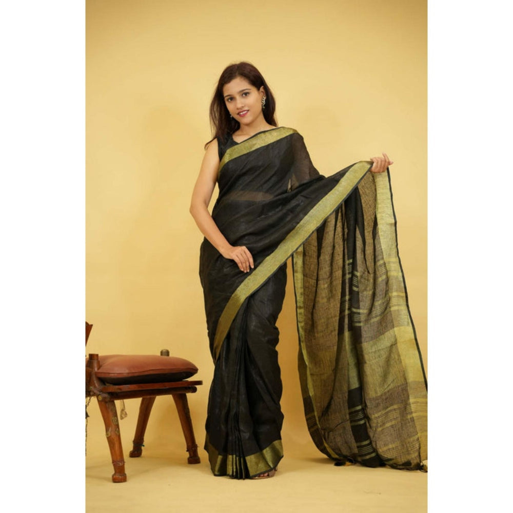 Isadora Life Womens Woven Zari Black Pre-Draped Saree with Unstitched Blouse