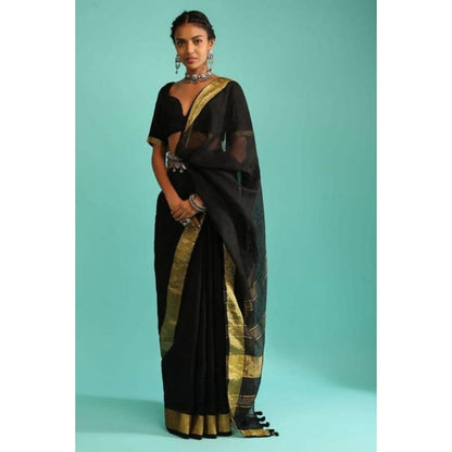 Isadora Life Womens Woven Zari Black Pre-Draped Saree with Unstitched Blouse