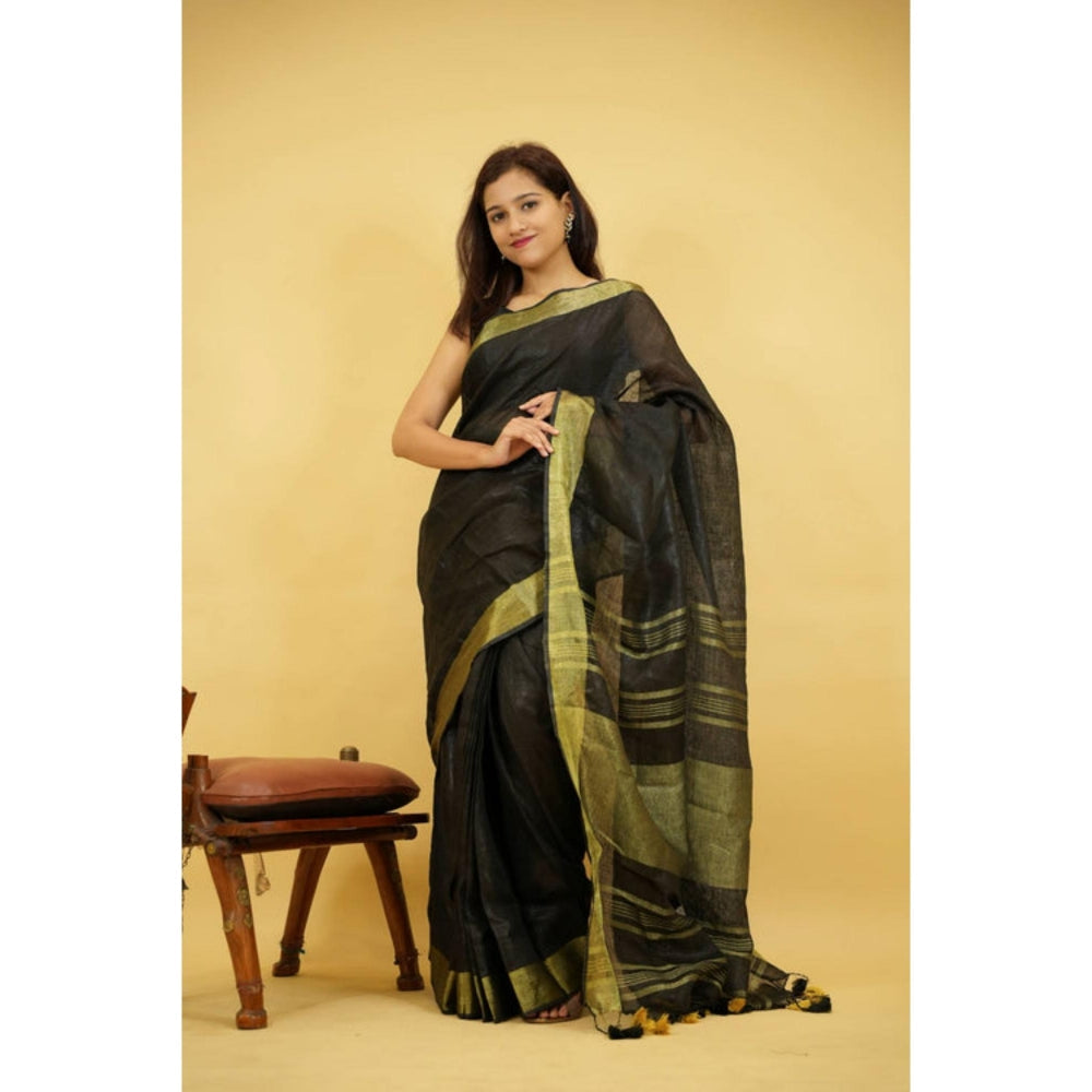 Isadora Life Womens Woven Zari Black Pre-Draped Saree with Unstitched Blouse
