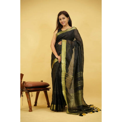 Isadora Life Womens Woven Zari Black Pre-Draped Saree with Unstitched Blouse