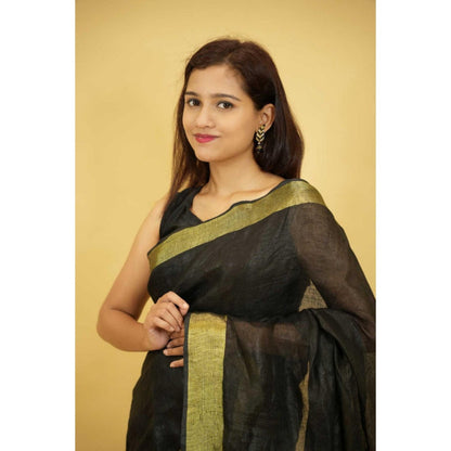 Isadora Life Womens Woven Zari Black Pre-Draped Saree with Unstitched Blouse