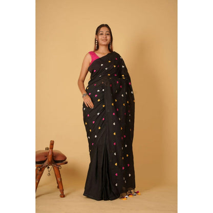 Isadora Life Womens Embroidered Tassels Black Pre-Draped Saree with Unstitched Blouse