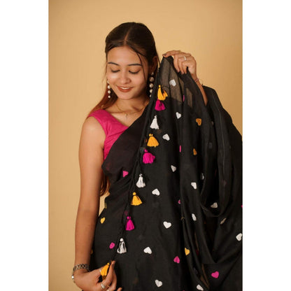 Isadora Life Womens Embroidered Tassels Black Pre-Draped Saree with Unstitched Blouse