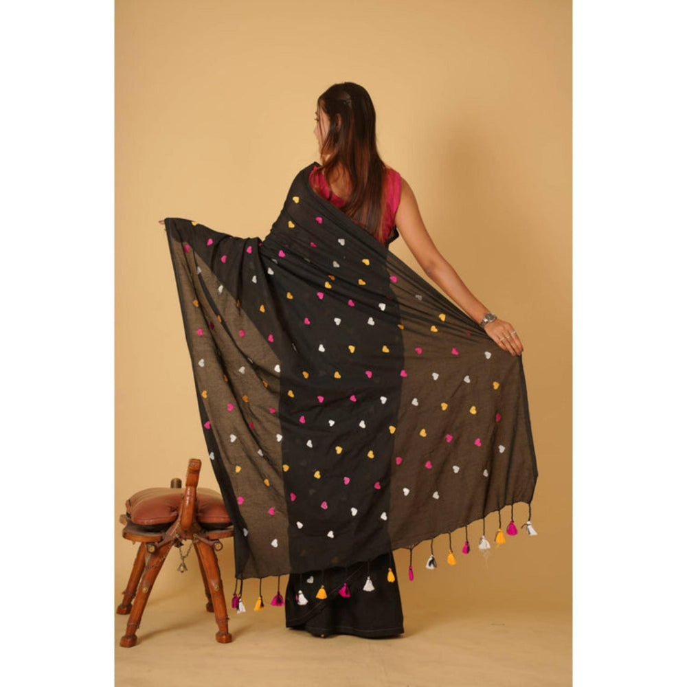 Isadora Life Womens Embroidered Tassels Black Pre-Draped Saree with Unstitched Blouse