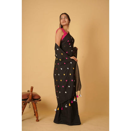 Isadora Life Womens Embroidered Tassels Black Pre-Draped Saree with Unstitched Blouse