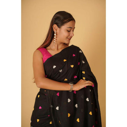 Isadora Life Womens Embroidered Tassels Black Pre-Draped Saree with Unstitched Blouse