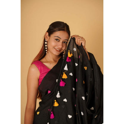 Isadora Life Womens Embroidered Tassels Black Pre-Draped Saree with Unstitched Blouse