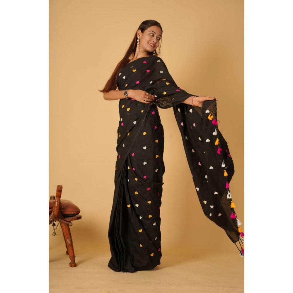 Isadora Life Womens Embroidered Tassels Black Pre-Draped Saree with Unstitched Blouse