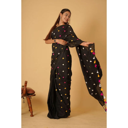 Isadora Life Womens Embroidered Tassels Black Pre-Draped Saree with Unstitched Blouse