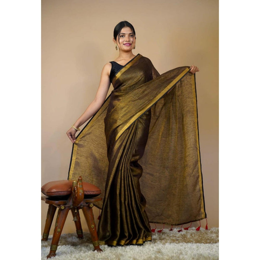 Isadora Life Womens Solid Tassels Gold Pre-Draped Saree with Unstitched Blouse
