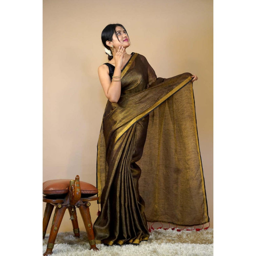 Isadora Life Womens Solid Tassels Gold Pre-Draped Saree with Unstitched Blouse