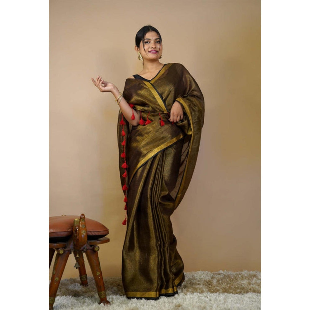 Isadora Life Womens Solid Tassels Gold Pre-Draped Saree with Unstitched Blouse