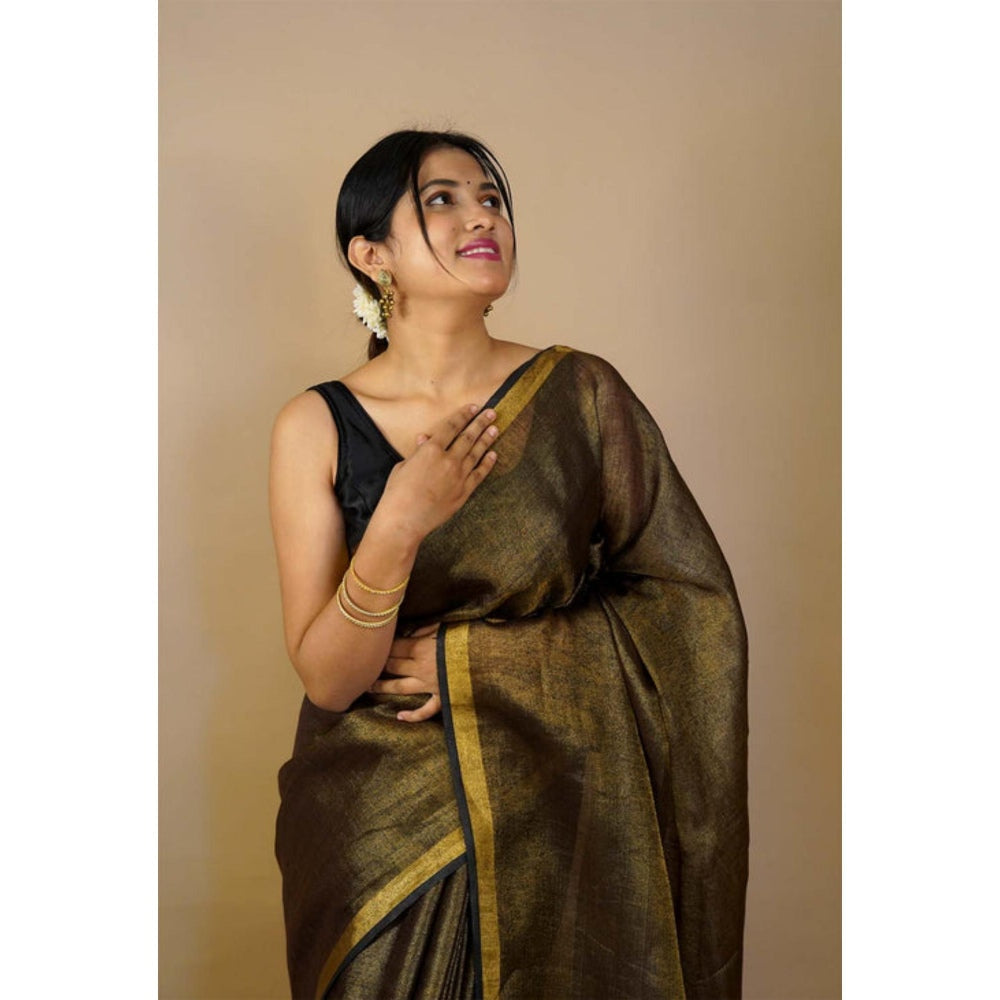 Isadora Life Womens Solid Tassels Gold Pre-Draped Saree with Unstitched Blouse