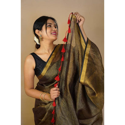 Isadora Life Womens Solid Tassels Gold Pre-Draped Saree with Unstitched Blouse