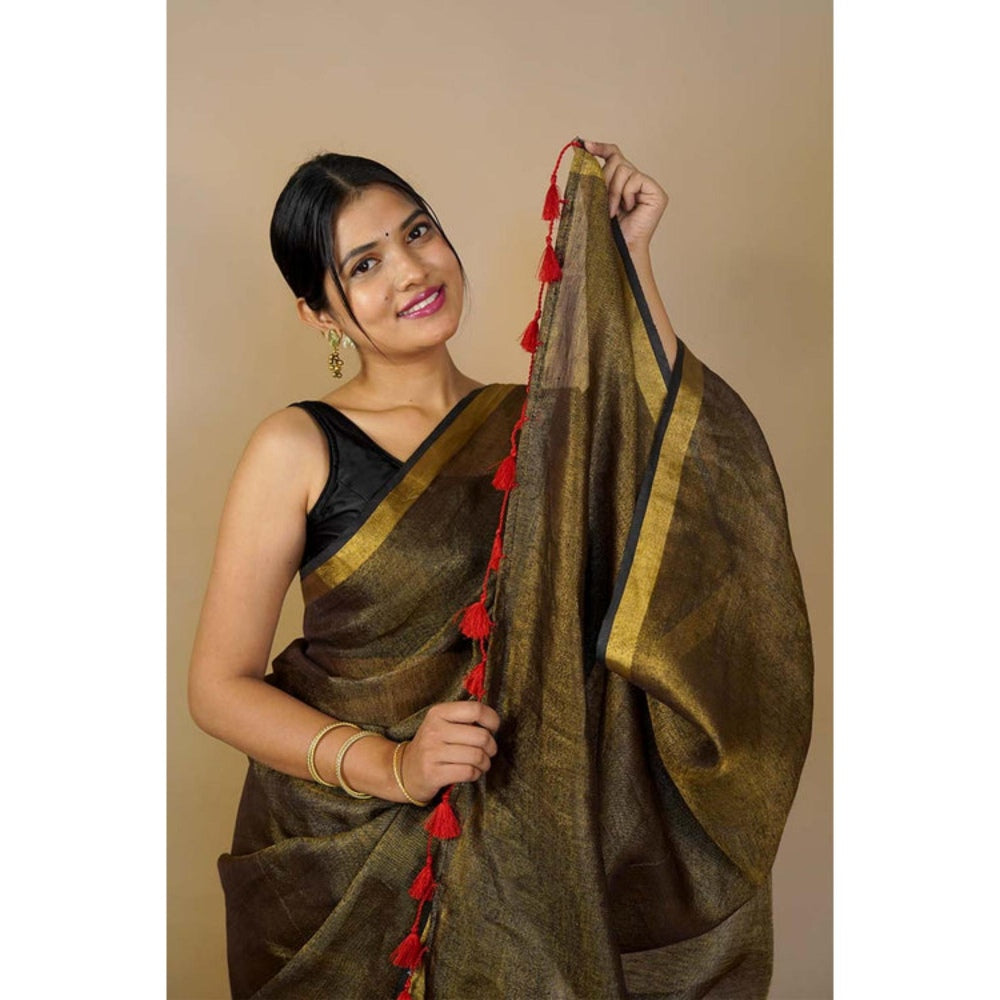 Isadora Life Womens Solid Tassels Gold Pre-Draped Saree with Unstitched Blouse