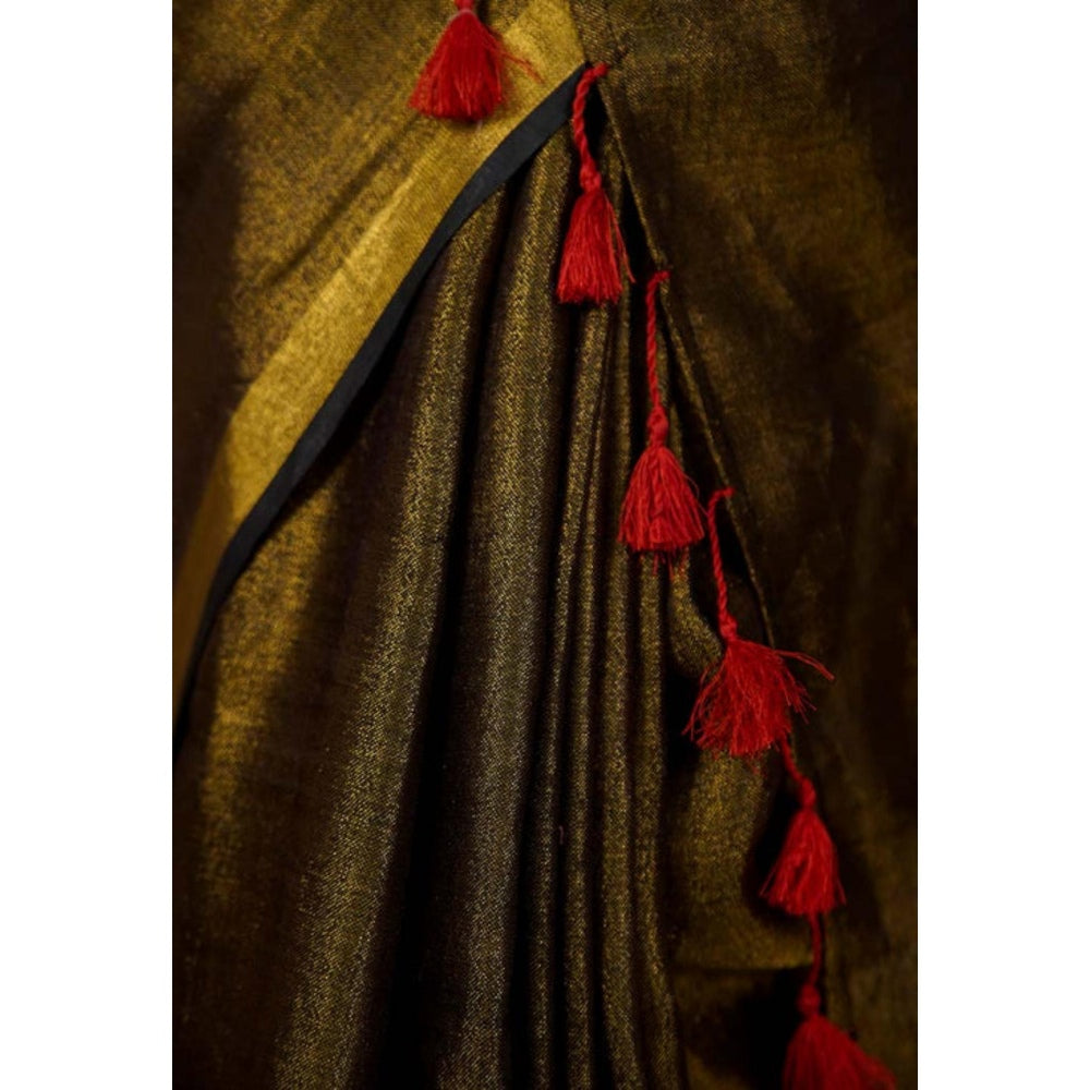 Isadora Life Womens Solid Tassels Gold Pre-Draped Saree with Unstitched Blouse