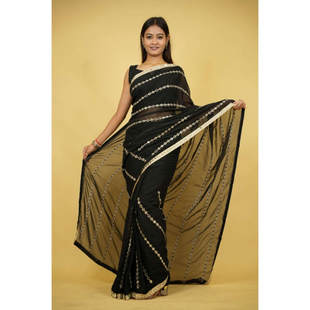 Isadora Life Womens Embroidered Mirror Work Black Pre-Draped Saree with Unstitched Blouse