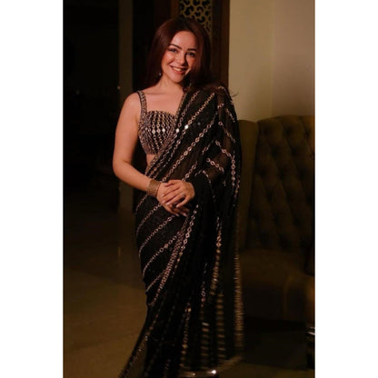 Isadora Life Womens Embroidered Mirror Work Black Pre-Draped Saree with Unstitched Blouse