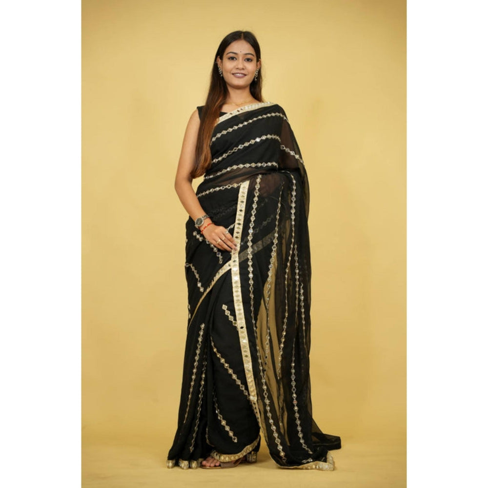 Isadora Life Womens Embroidered Mirror Work Black Pre-Draped Saree with Unstitched Blouse