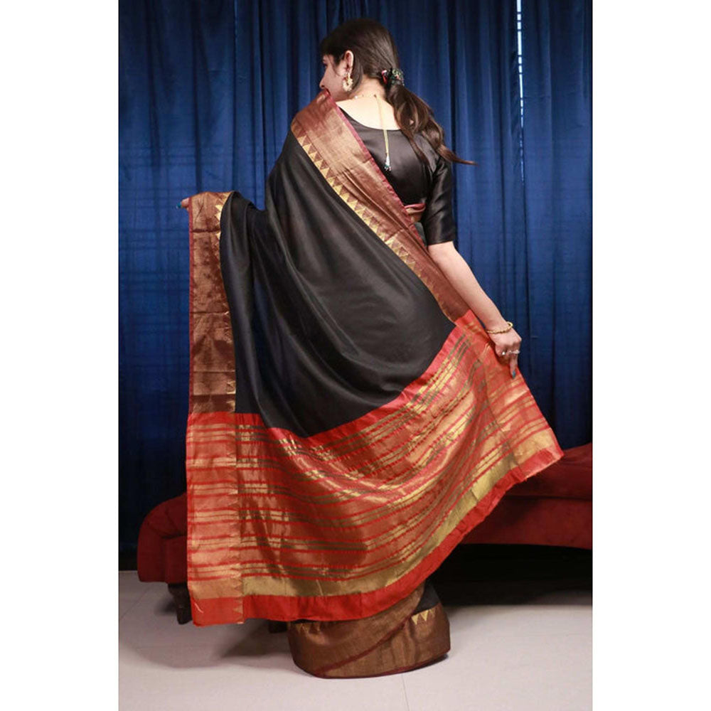 Isadora Life Womens Woven Zari Black Pre-Draped Saree with Unstitched Blouse