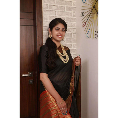 Isadora Life Womens Woven Zari Black Pre-Draped Saree with Unstitched Blouse