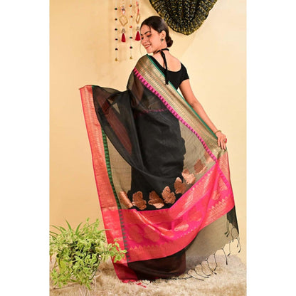 Isadora Life Womens Woven Tassels Black Pre-Draped Saree with Unstitched Blouse