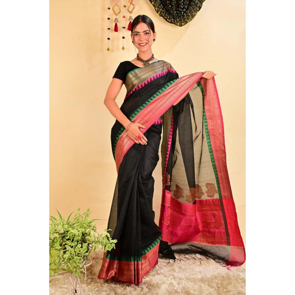Isadora Life Womens Woven Tassels Black Pre-Draped Saree with Unstitched Blouse