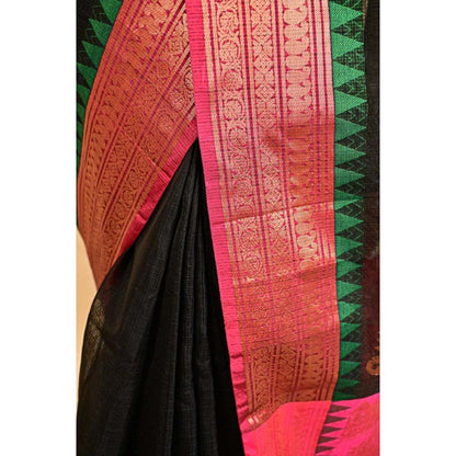 Isadora Life Womens Woven Tassels Black Pre-Draped Saree with Unstitched Blouse