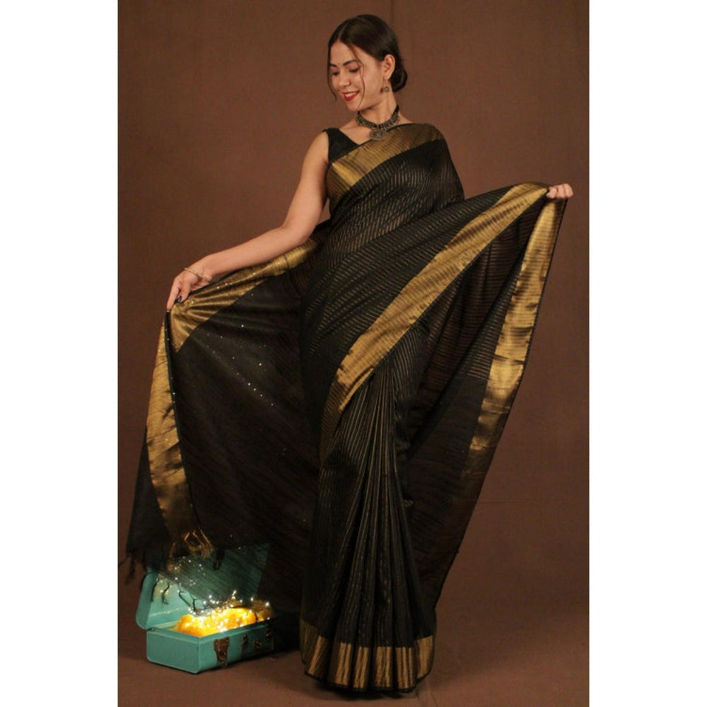 Isadora Life Womens Stripes Sequined Black Pre-Draped Saree with Unstitched Blouse