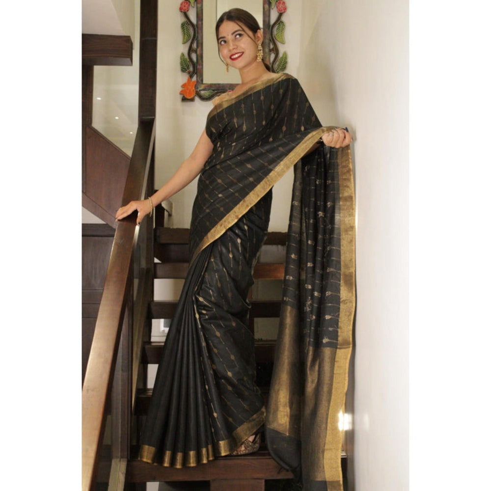 Isadora Life Womens Woven Zari Black Pre-Draped Saree with Unstitched Blouse