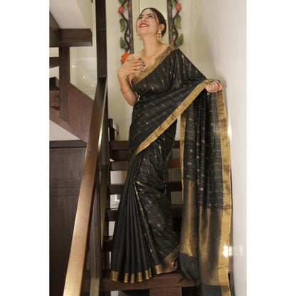Isadora Life Womens Woven Zari Black Pre-Draped Saree with Unstitched Blouse