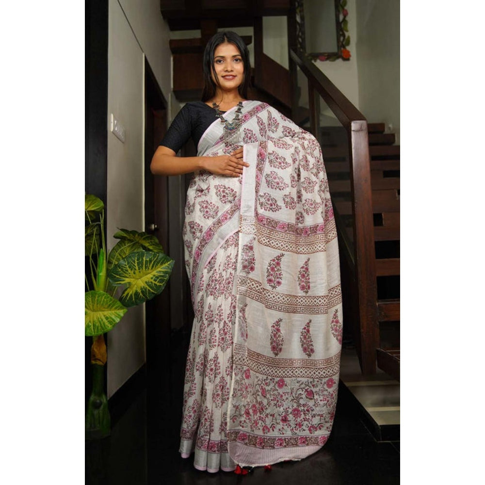 Isadora Life Womens Floral Tassels White Pre-Draped Saree with Unstitched Blouse