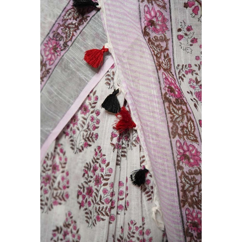 Isadora Life Womens Floral Tassels White Pre-Draped Saree with Unstitched Blouse
