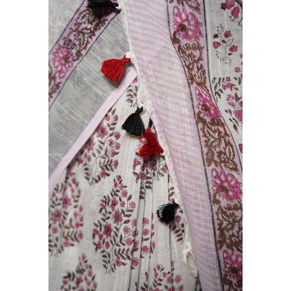 Isadora Life Womens Floral Tassels White Pre-Draped Saree with Unstitched Blouse