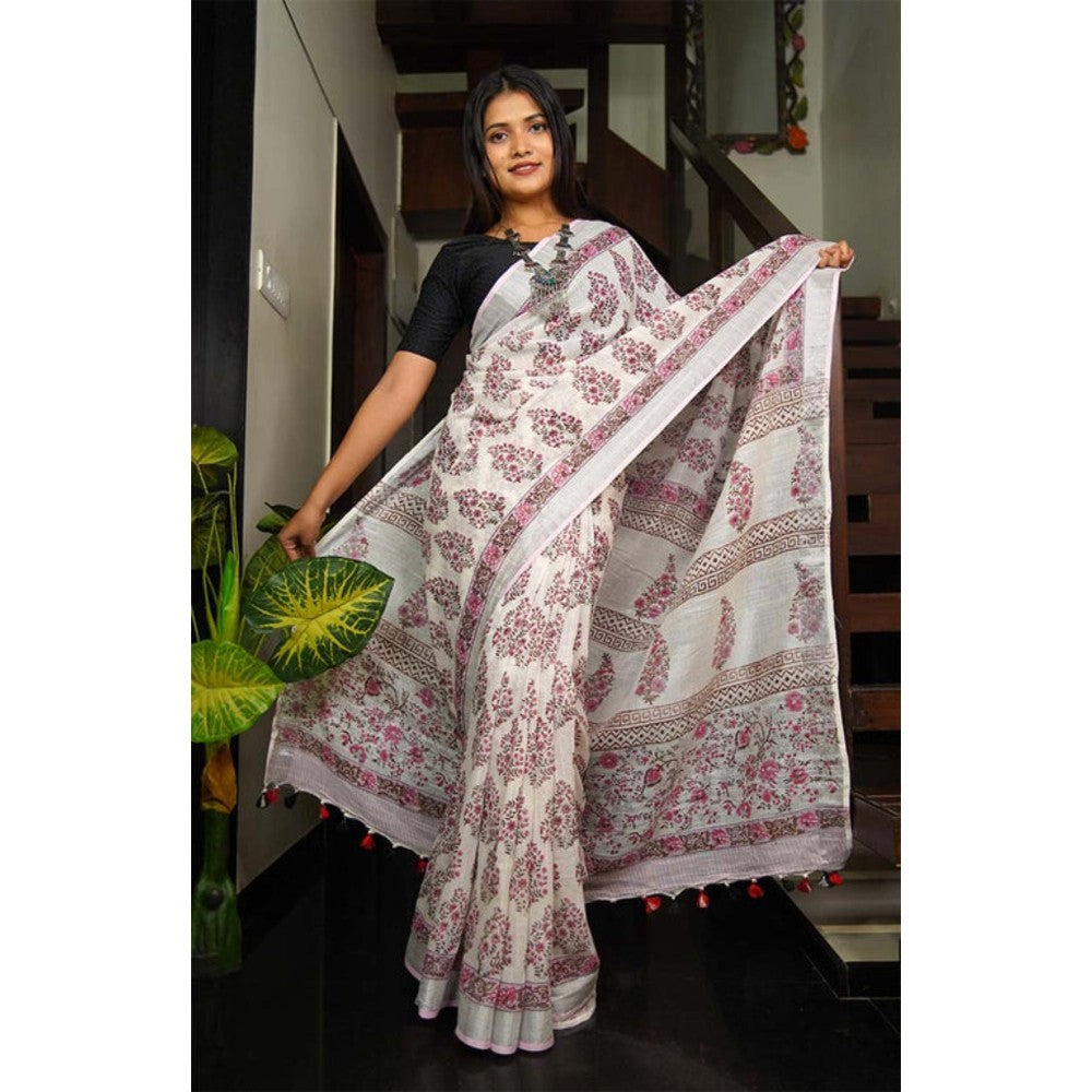 Isadora Life Womens Floral Tassels White Pre-Draped Saree with Unstitched Blouse