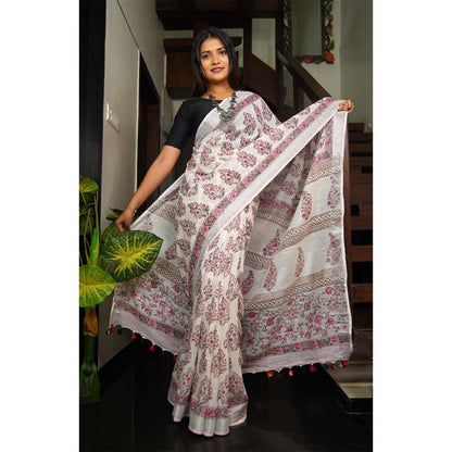 Isadora Life Womens Floral Tassels White Pre-Draped Saree with Unstitched Blouse
