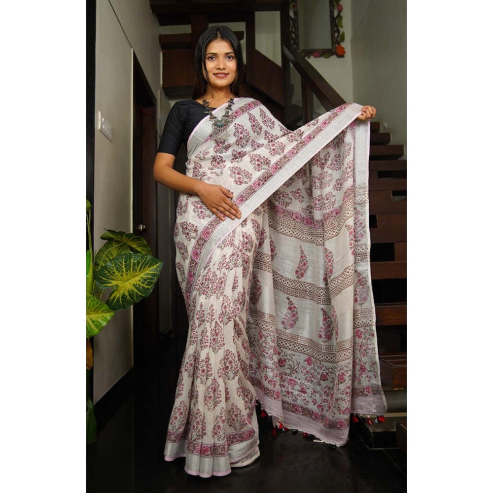 Isadora Life Womens Floral Tassels White Pre-Draped Saree with Unstitched Blouse