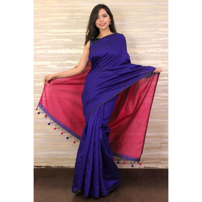 Isadora Life Womens Solid Tassels Blue Pre-Draped Saree with Unstitched Blouse