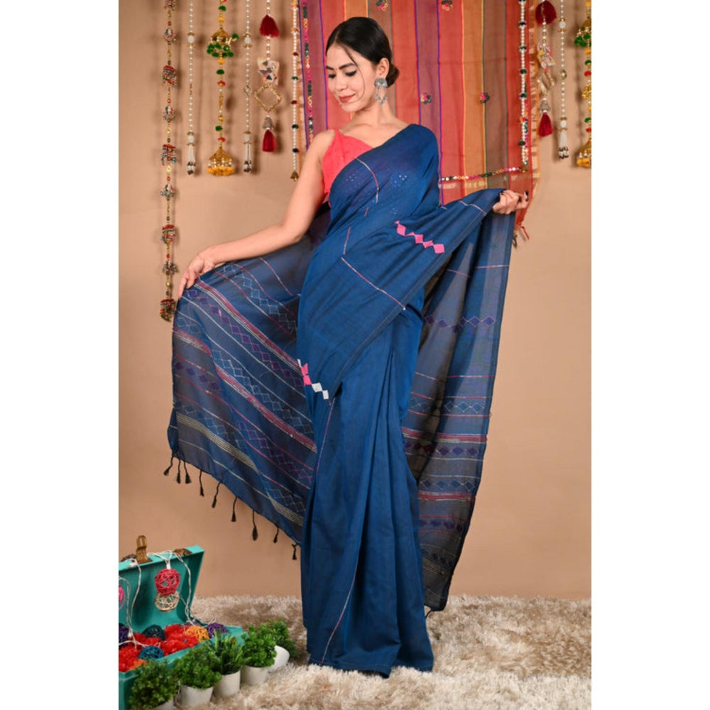 Isadora Life Womens Embroidered Tassels Blue Pre-Draped Saree with Unstitched Blouse
