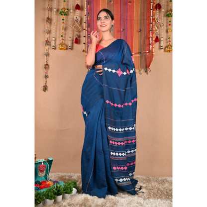 Isadora Life Womens Embroidered Tassels Blue Pre-Draped Saree with Unstitched Blouse