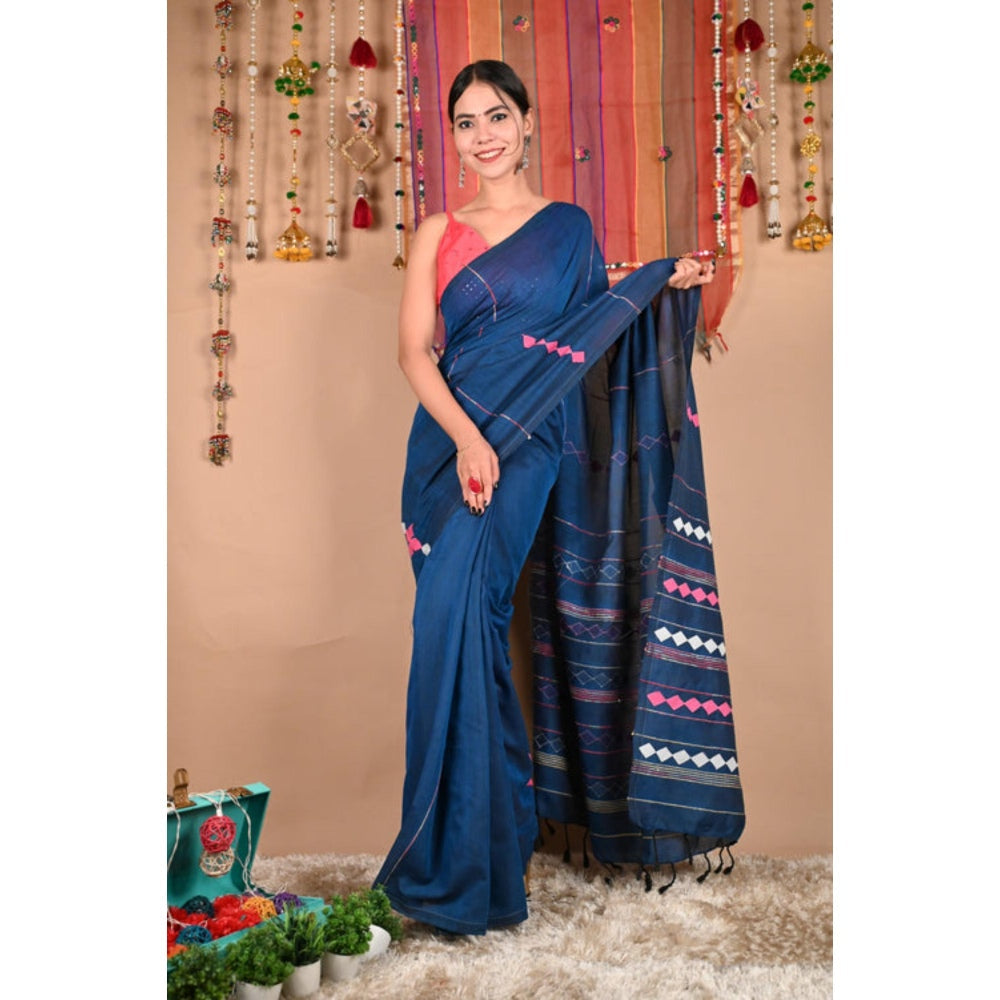 Isadora Life Womens Embroidered Tassels Blue Pre-Draped Saree with Unstitched Blouse