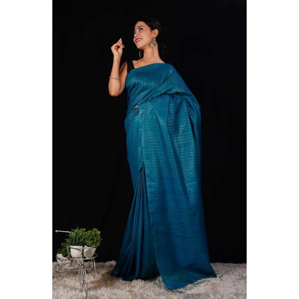Isadora Life Womens Stripes Tassels Blue Pre-Draped Saree with Unstitched Blouse