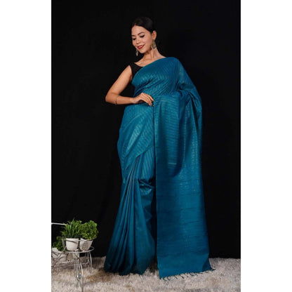 Isadora Life Womens Stripes Tassels Blue Pre-Draped Saree with Unstitched Blouse