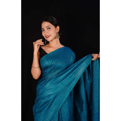 Isadora Life Womens Stripes Tassels Blue Pre-Draped Saree with Unstitched Blouse