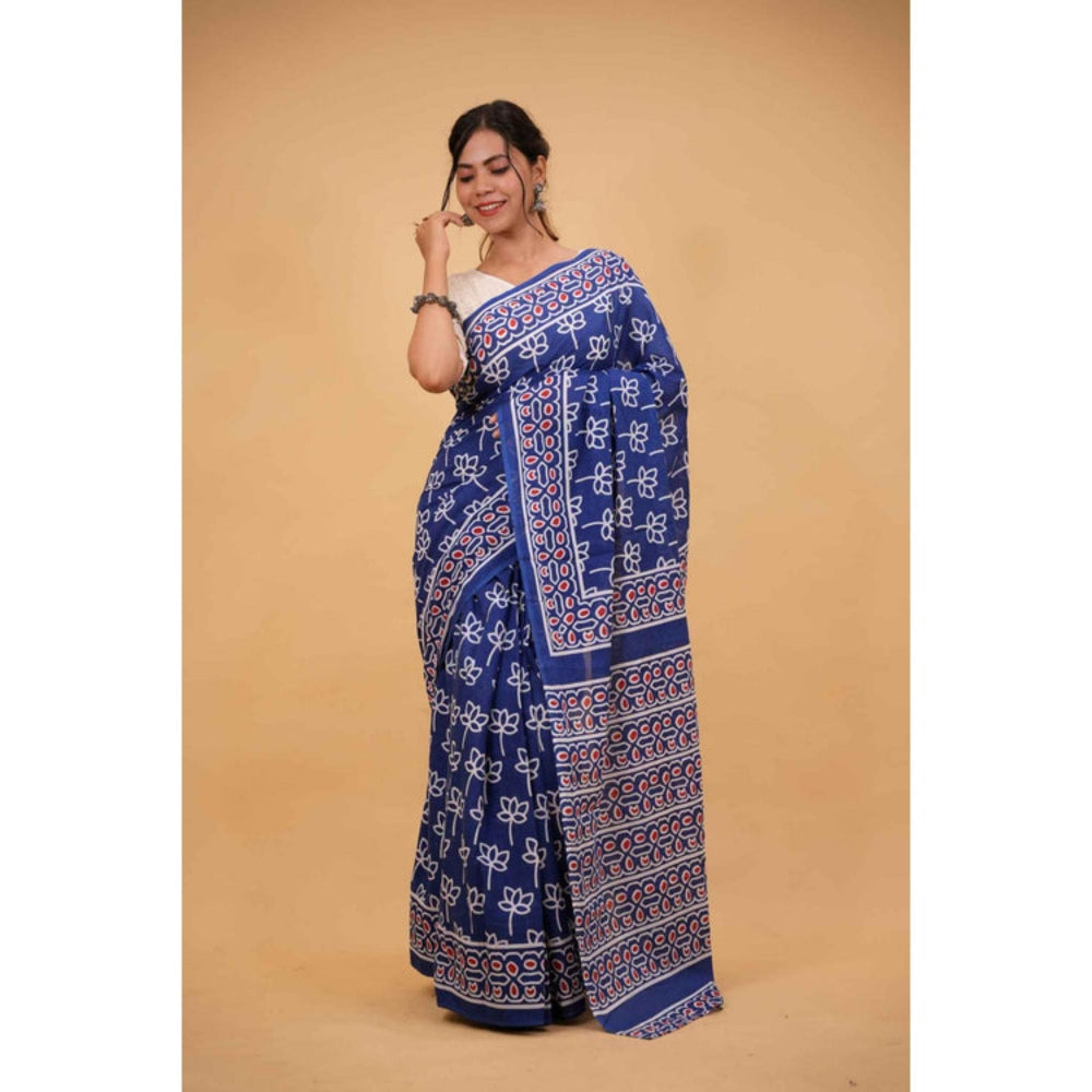 Isadora Life Womens Hand Block Printed Blue Pre-Draped Saree with Unstitched Blouse
