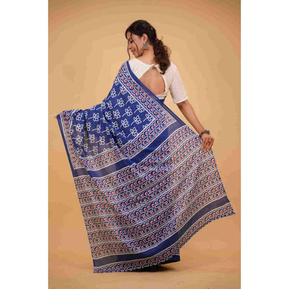 Isadora Life Womens Hand Block Printed Blue Pre-Draped Saree with Unstitched Blouse