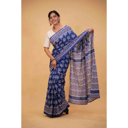 Isadora Life Womens Hand Block Printed Blue Pre-Draped Saree with Unstitched Blouse
